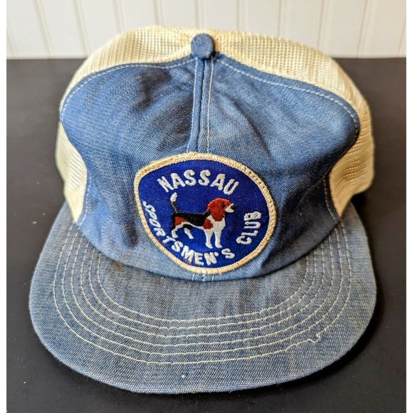 NASSAU Sportsmen's Club Hunt Game Dog Blue‎ Khaki USA Snap Back Hat Vintage - Picture 1 of 6